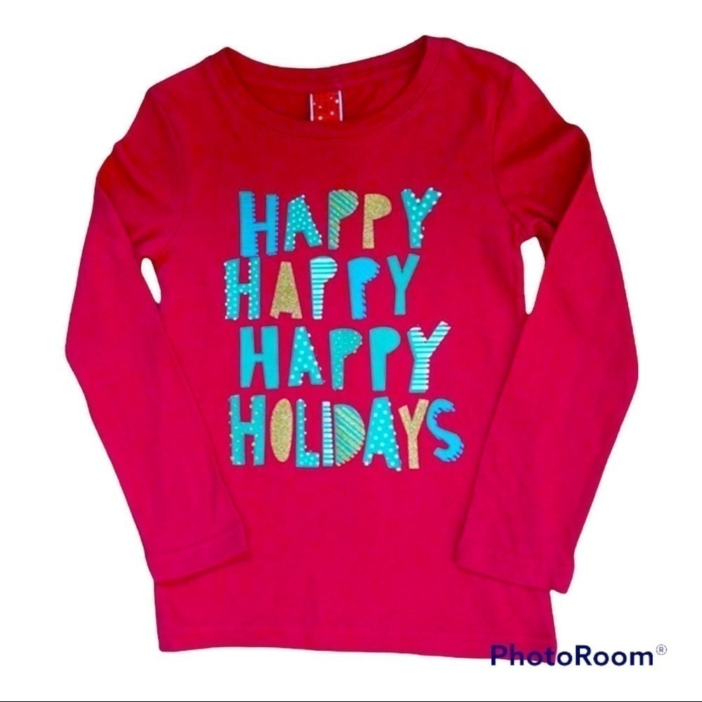 Little Girls Red Happy Happy Happy Glittery Holiday long Sleeve Tee Sz M (10/12)